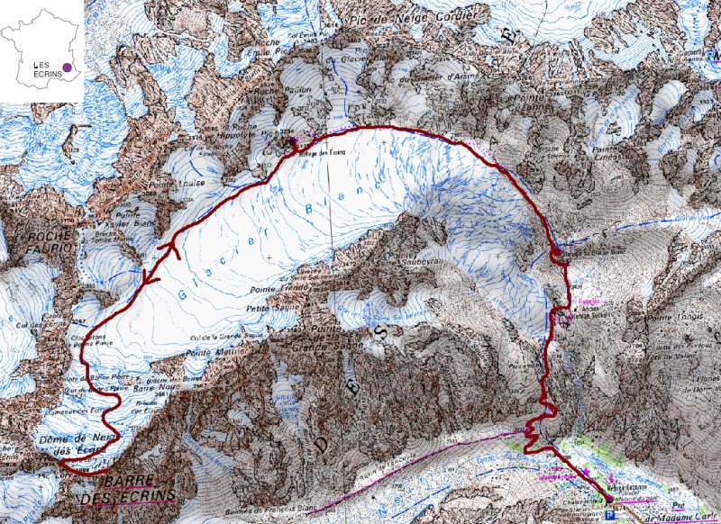 C'est où ? ça passe par où ?  La trace de la course (montée au refuge des Écrins et la Barre) sur la carte