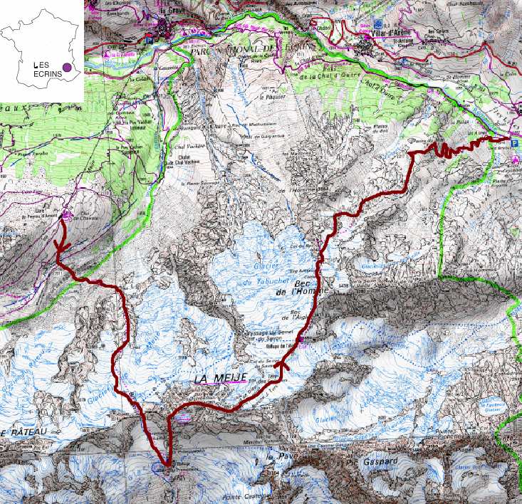 La trace de la course (montée au refuge du Promontoire et traversée de la Meije) sur la carte