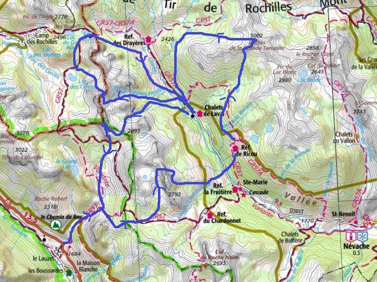 L'itinéraire du raid des Cerces sur la carte