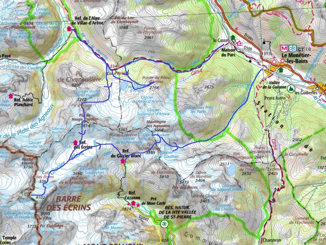 L'itinéraire du raid : le tour des Ecrins à ski sur la carte L'itinéraire du raid des Ecrins à ski sur la carte