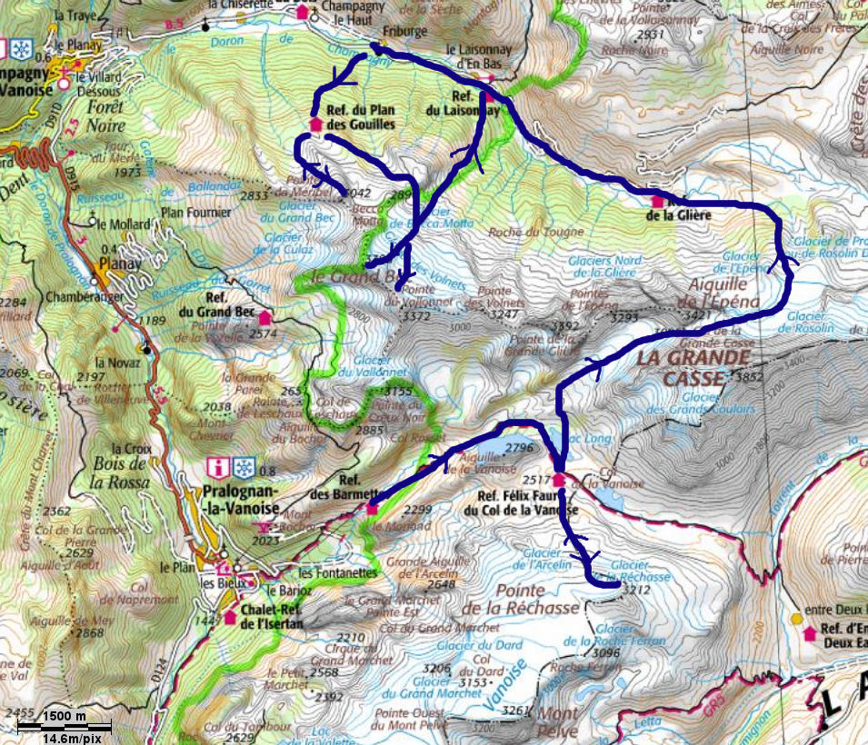 L'itinéraire du raid en Vanoise sur la carte L'itinéraire du raid en Vanoise sur la carte